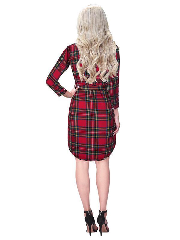 Polo Collar Checkered Belt Buckle Midi Shirt