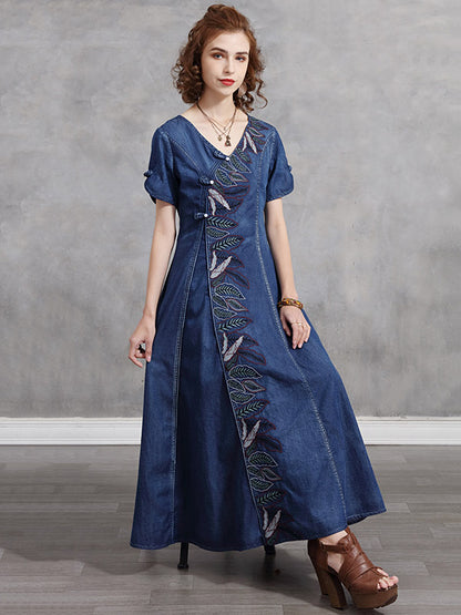 Original Asymmetric Embroidered Loose Short Sleeves Midi Dress