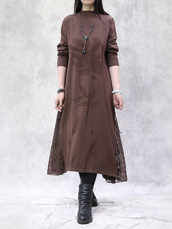 Artistic Retro Solid Color Split-Joint Embroidered Falbala Hollow Lace Tied Stand Collar Long Sleeves Knitted Sweater Dress