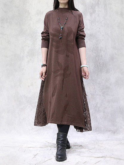 Artistic Retro Solid Color Split-Joint Embroidered Falbala Hollow Lace Tied Stand Collar Long Sleeves Knitted Sweater Dress