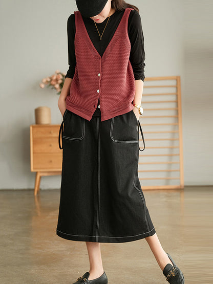 Simple Solid Color Buttoned V-Neck Hollow Vest Tops