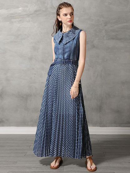 Original Polka-dot Pleated Belted Long Dress