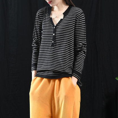 Buykud V-Neck Striped Long Sleeve Casual Blouse