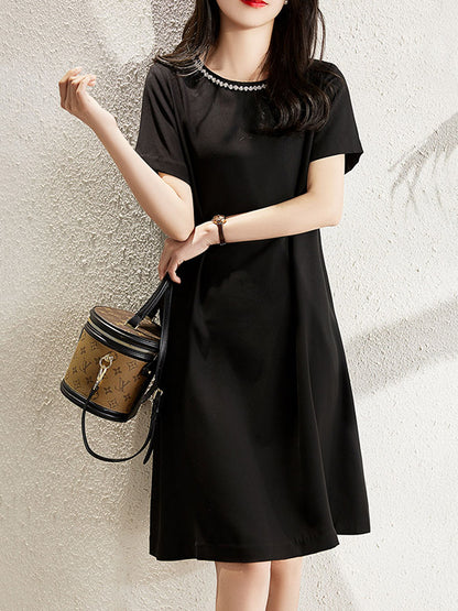 Simple Solid Color H-Line Back-Zipper Round-Neck Midi Dress