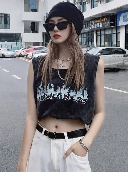 Loose Cool Street Hip-Hop Stylish Letter Printed Round-Neck Sleeveless Vest Top
