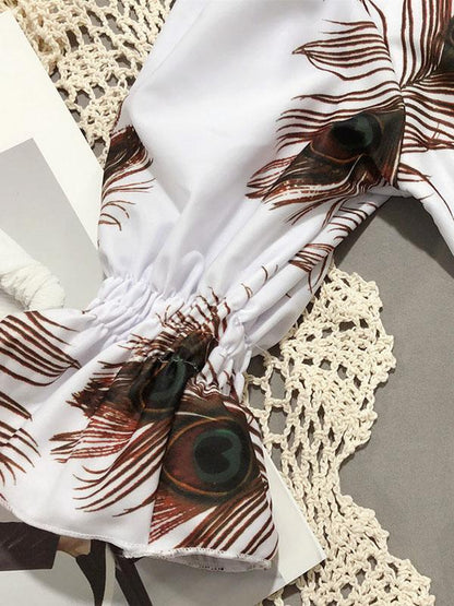 V-Neck Bandage Short Sleeves Printing Bikini Swimsuit