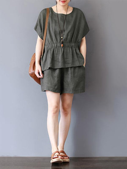 Loose Solid T-Shirt + Wide Leg Shorts Suit