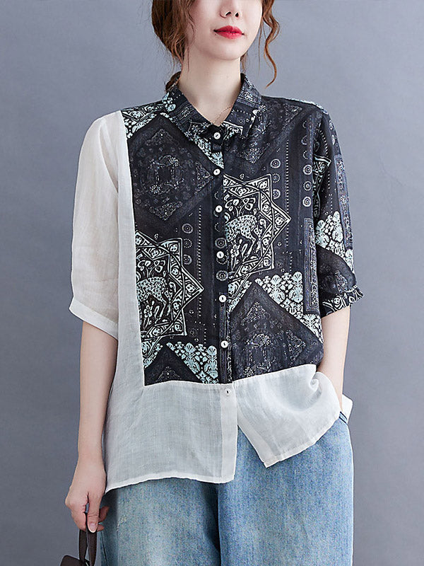 Original Asymmetric Split-Joint Short Sleeves Lapel Blouse Tops