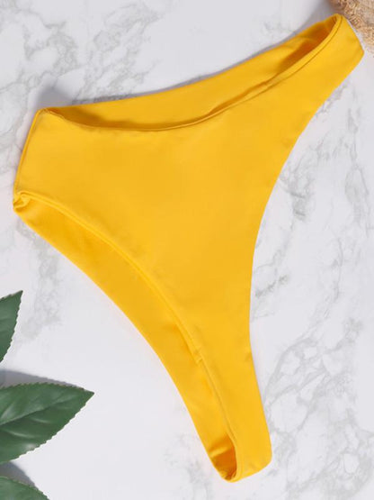 Ruched Plain Yellow Bikini Swimsuit
