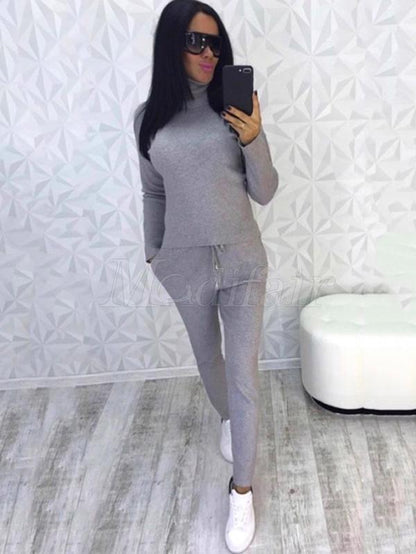 High-neck Rhombic Knitting Sweater and Pants Suits