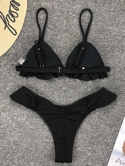 Solid Falbala With Panty Bikini Set