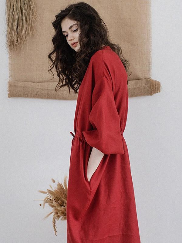 Ramie Cotton Strap Solid Midi Dresses