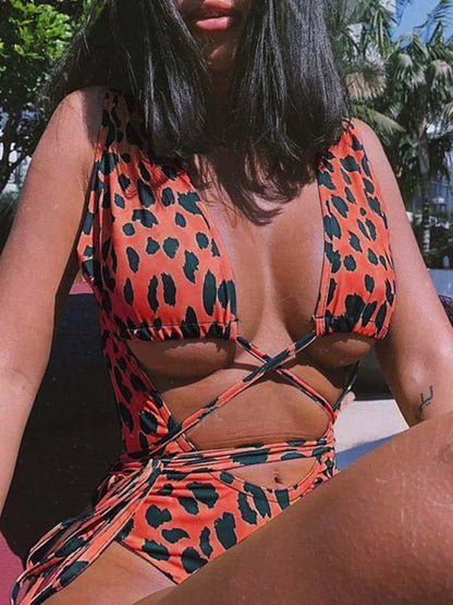 Leopard Hollow Lace Up One Piece Swimsuit