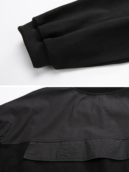 Casual Black Split-Joint Big Pocket Long Sleeves Round-Neck T-Shirt