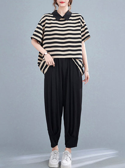 Urban Stripe Half Sleeve Lapel T-Shirt Top