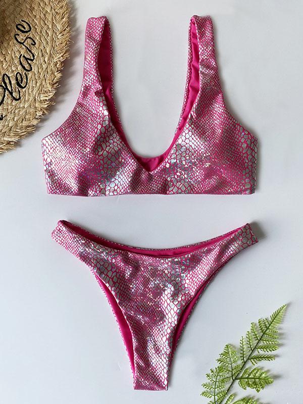 Snake-Print U-Neck Split Bikini Swimsuit
