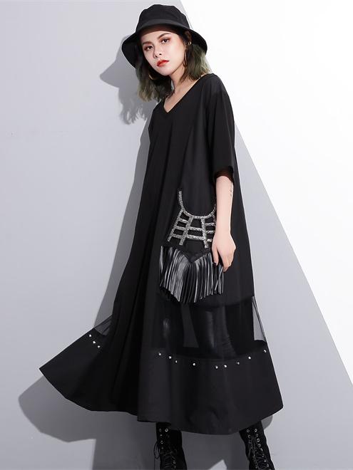 V-neck Split-joint Tasseled Shirt Midi Dresses