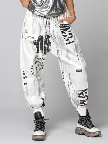 Urban Drawstring High-Waisted Black White Casual Harem Pants Bottom