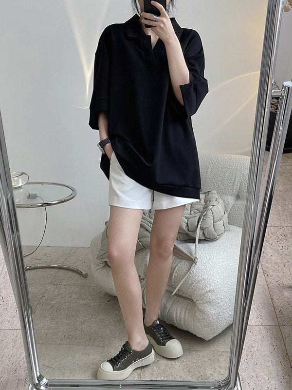 Girlish Loose Black&White V-Neck Half Sleeves T-Shirts