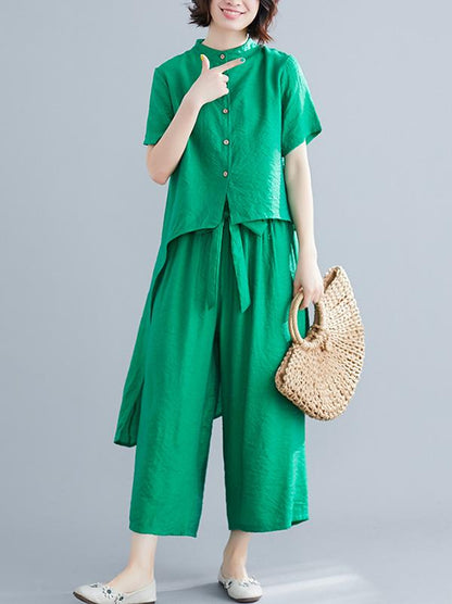 Loose Stand Collar Shirt + Wide Leg Pants Suit
