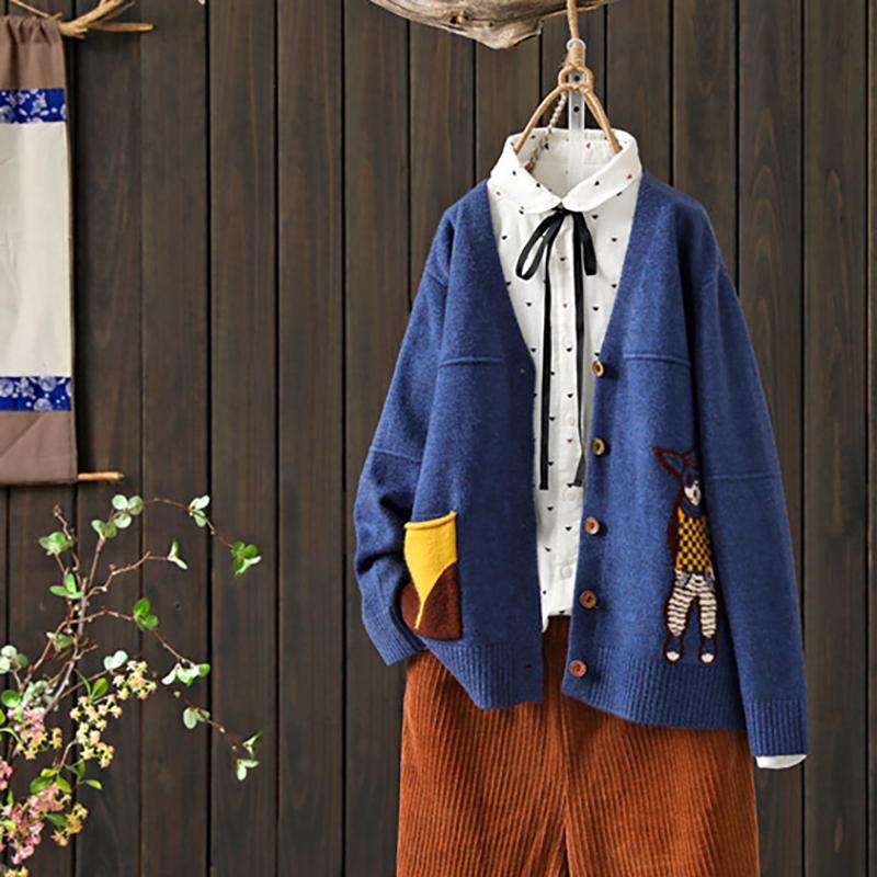 Buykud Cartoon Animal Embroidery Casual Sweater Coat