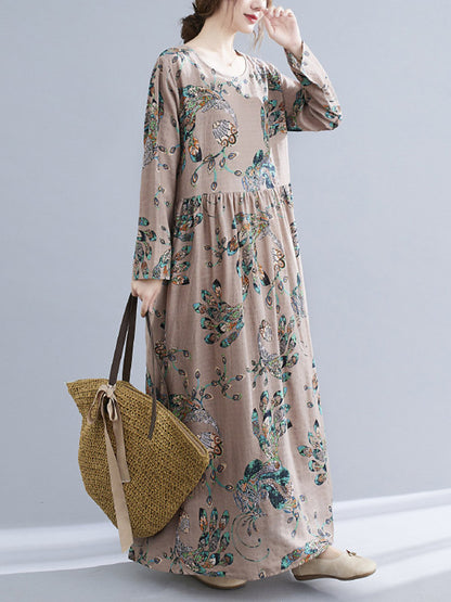 Vintage Ramie Cotton Floral Printed Round-Neck Long Sleeves Loose Maxi Dress