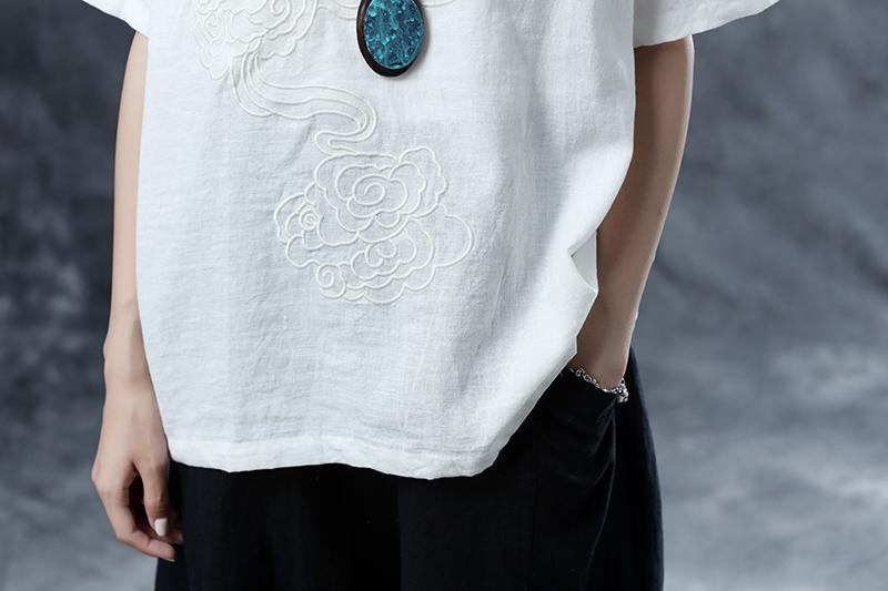 Casual Summer Short Sleeve Embroidery Red Blouse