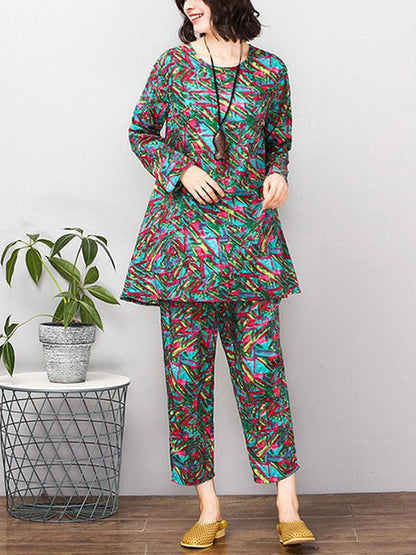 Red&Green Printed Round-neck T-shirt+Pants Suits