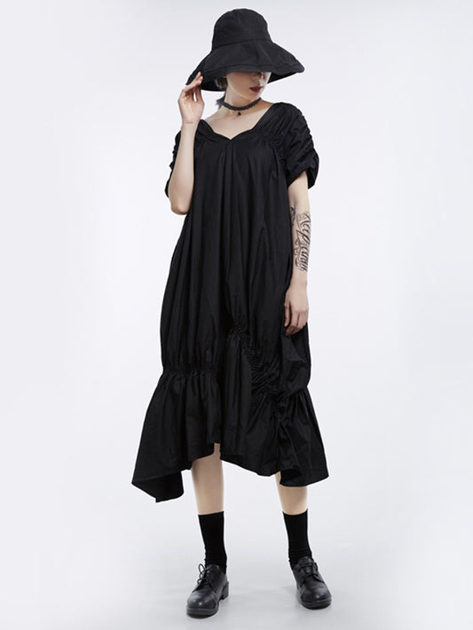 Vintage Irregular Solid Color Pleated V-Neck Short Sleeves Midi Dress