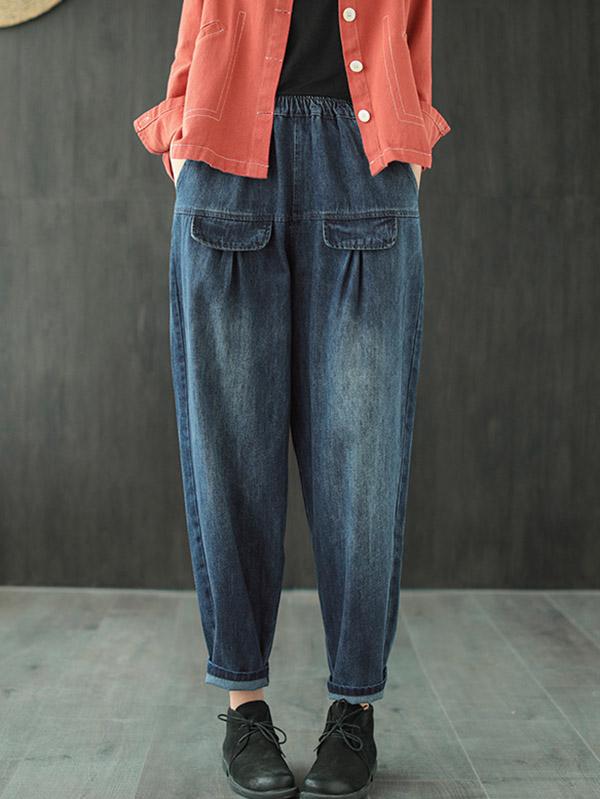 Leisure Solid Denim Puff Pants Bottoms