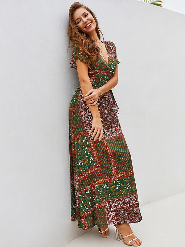 V-neck Short Sleeve Bohemian Dress