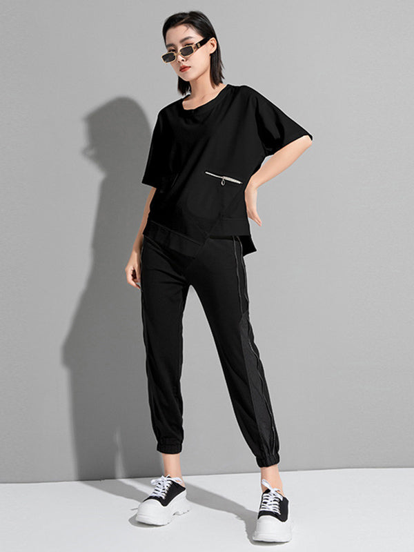 Fashion Asymmetric Irregular Clipping Split-Side Round-Neck T-Shirt