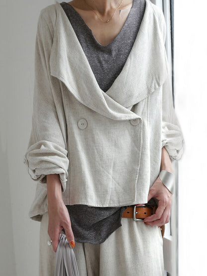 Casual Loose Solid Color Buttoned Lapel Collar Long Sleeves Outwear