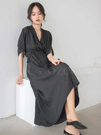 Loose Solid V-neck Bandage Cropped Midi Dress