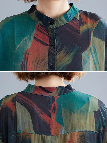 Chiffon Printed Short Sleeves Shirt + Wide Leg Pants Suits