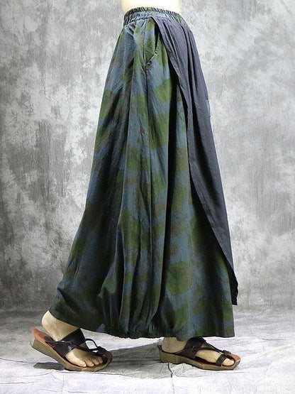 Loose Ramie Cotton Split-joint Printed Skirt Bottom