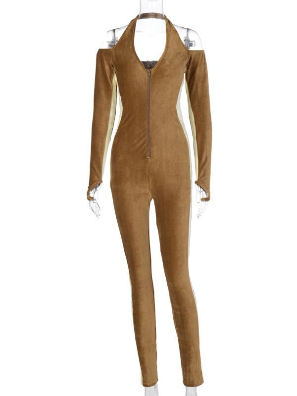 Contract Color Halter Neck Zipper Sports Jumpsuits,