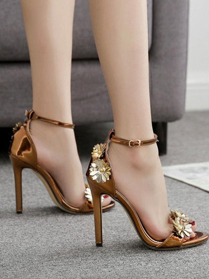 Floral Decorated Ankle Strap Heels Shoes