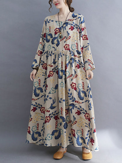 Casual Ramie Cotton Floral Printed Round-Neck Long Sleeves Over Size Maxi Dress