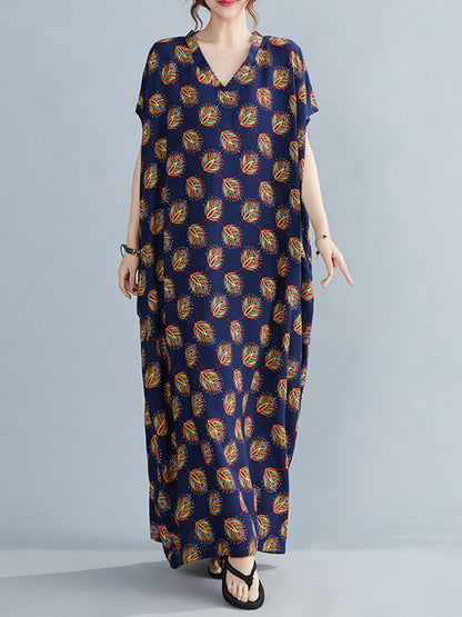 Vintage Printed V-Neck Batwing Short Sleeves Maxi Dress