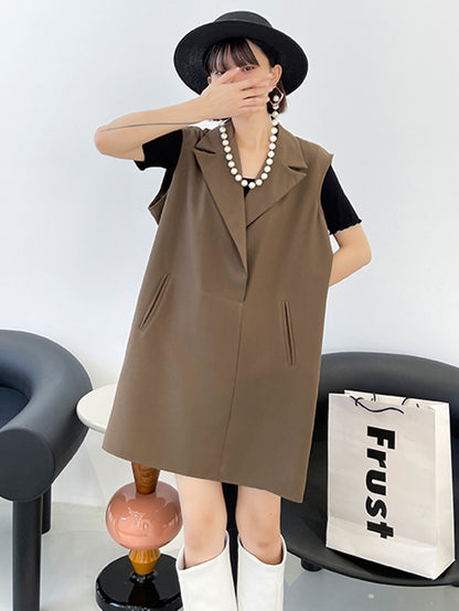 Urban Solid Color Split-Joint Notched Collar Sleeveless Mini Blazer Dress