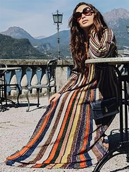 Striped Long Sleeves V-neck Maxi Dress