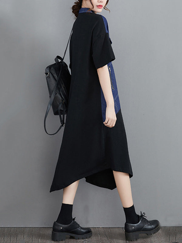 Casual Irregular Split-Joint Half Sleeves Lapel Collar Midi Shirt Dress