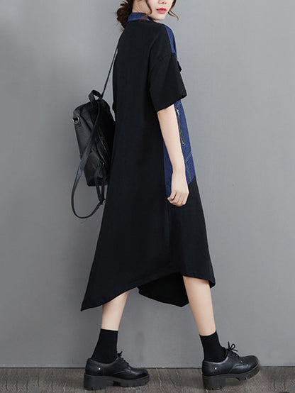Casual Irregular Split-Joint Half Sleeves Lapel Collar Midi Shirt Dress
