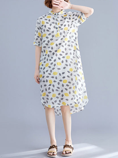 Artistic Retro Loose Contrast Color Printed Midi Shirt Dress