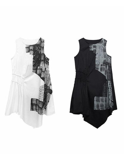 Asymmetric Printed Ruffled Sleeveless Dress