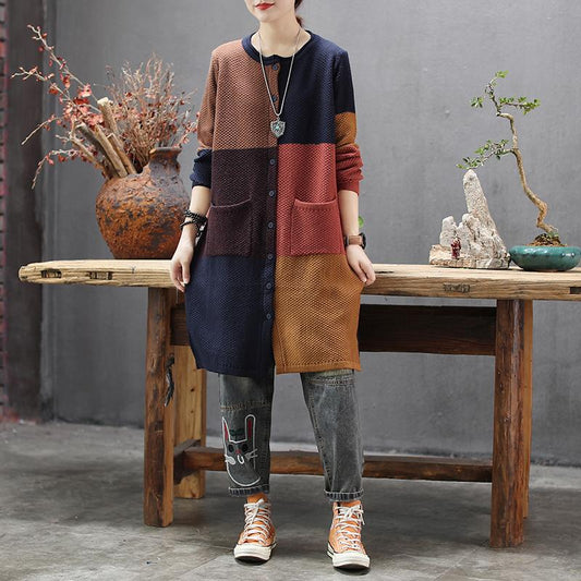 Buykud Retro Loose Colorblock Single-breasted Long Coat