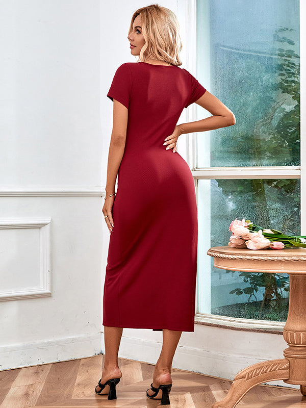 Simple Short Sleeves Skinny Split-Front Solid Color V-Neck Midi Dresses