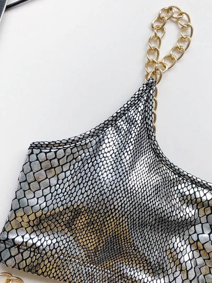 Strapless Chain Snake Pattern Bikini Swimsuit