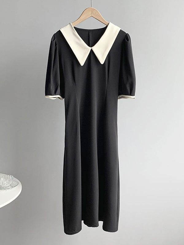 Urban Solid Color Bandage A-Line Lapel Short Sleeves Midi Dress